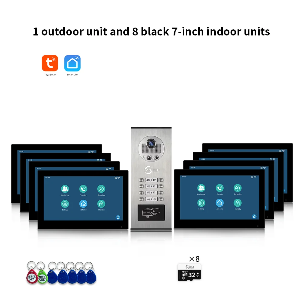 ANJIELO 7-inch 2/3/4/6/8/10/12-unit multi-unit deurbel video-intercomsysteem 1080P display Tuya slimme videodeurbel
