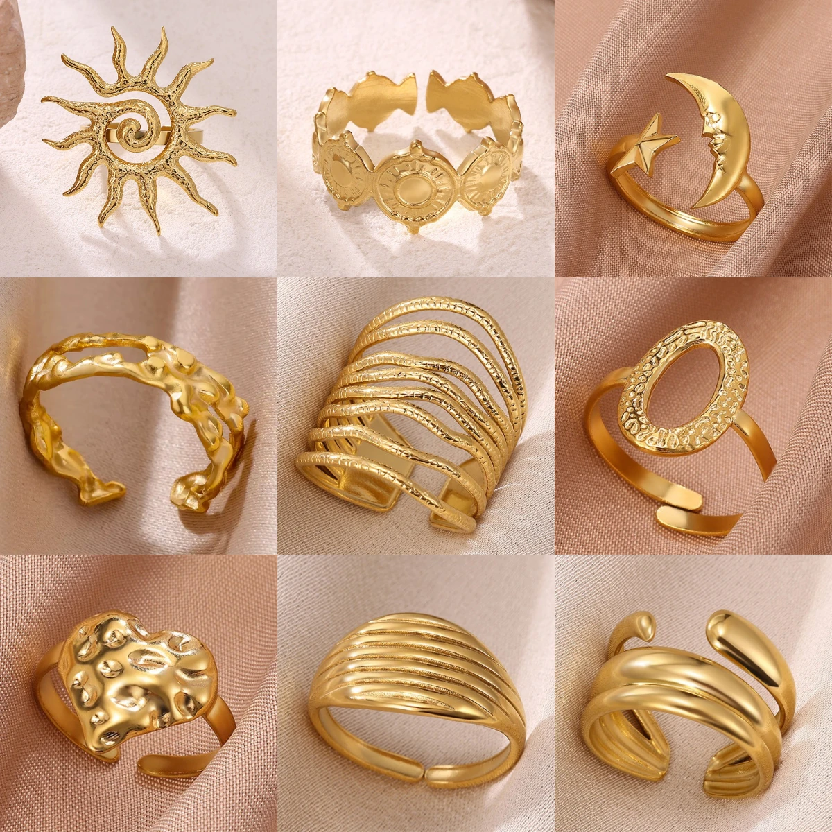 Sonne Punk Anillos Für Frauen Multilayer Breite Oberfläche Öffnung Ringe Für Frauen Gold Farbe Edelstahl Geometrie Neue Ring Schmuck
