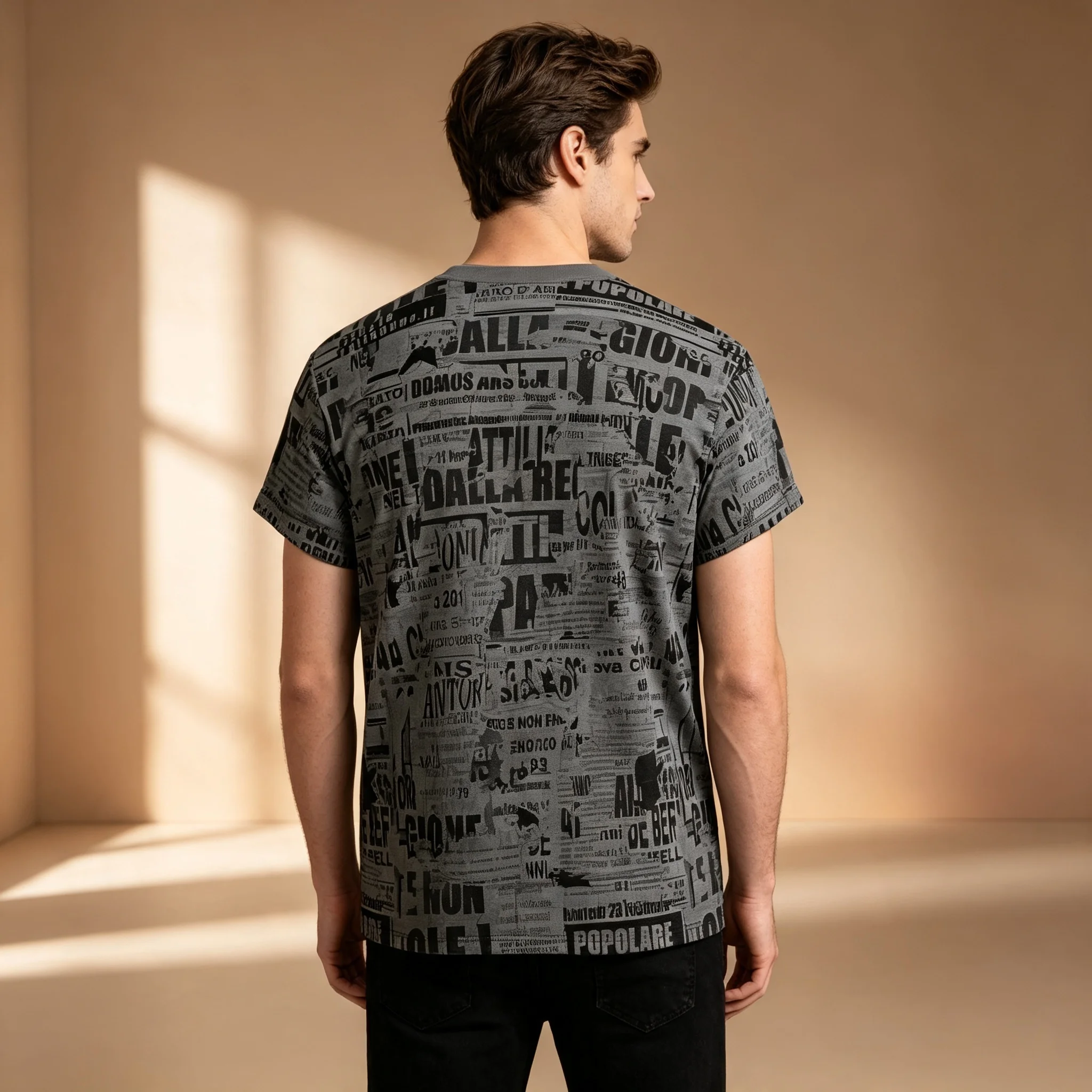 3D All Over Print Newspaper Text T-shirt For Men Gray Retro Newsletter Print Short Sleeve Loose Casual Summer Streetwear Tee