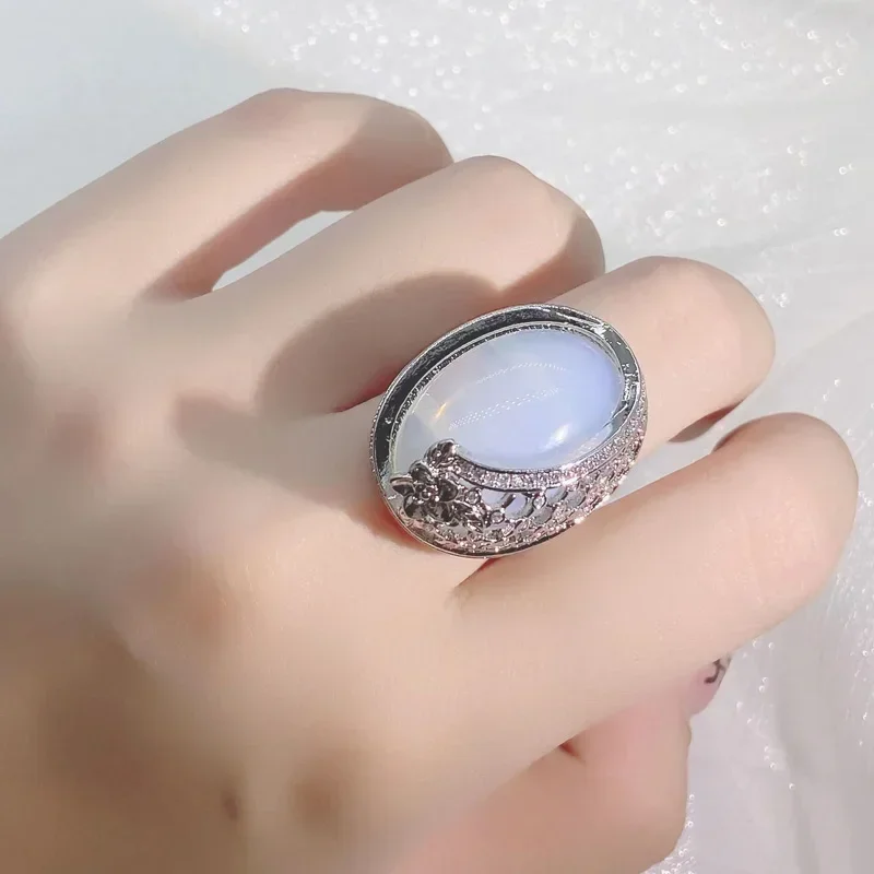 Vintage 925 srebrne pierścionki dla kobiet w kształcie jajka Opal i CZ rzeźba ślubny pierścionek zaręczynowy moda biżuteria na prezent — zdjęcie 2