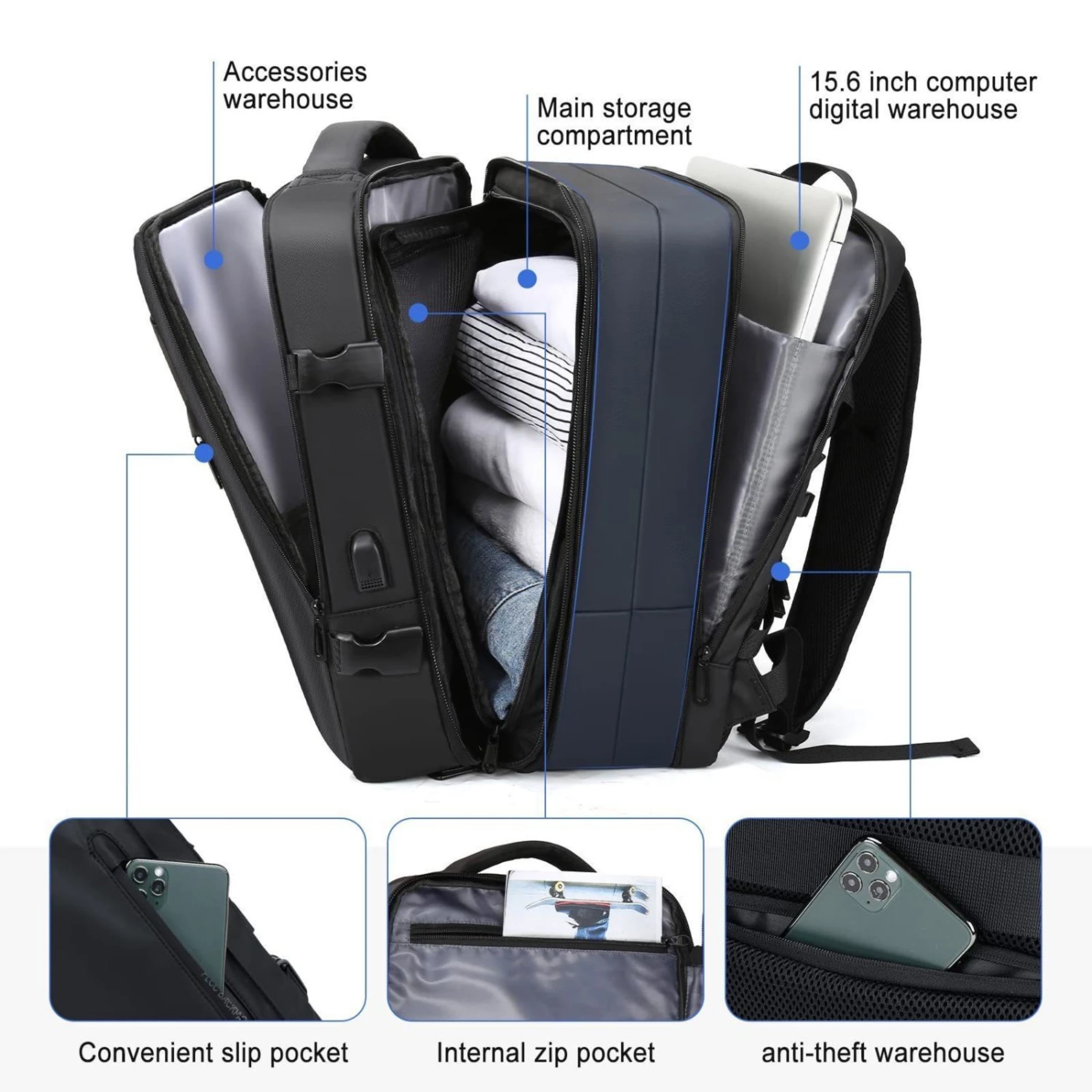 Large Travel Bag for Men and Women, Laptop Bag, Carry On Luggage, Students, Business Trip, USB Charge, Extendible,