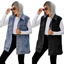2022 Fall/Winter New Women's Sleeveless Long Denim Vest Fashion Loose Detachable Hooded Jeans Jacket Coat Casual Clothing S-XL