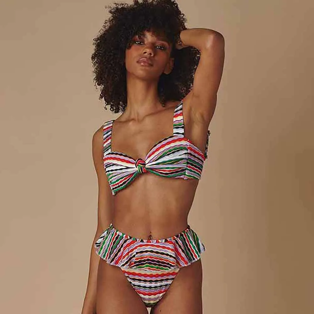 

Colorful Striped Print Swimsuit Two Piece High Waist Slim Bikini Sexy Backless Beachwear Ruffled Thong Fashion 2024