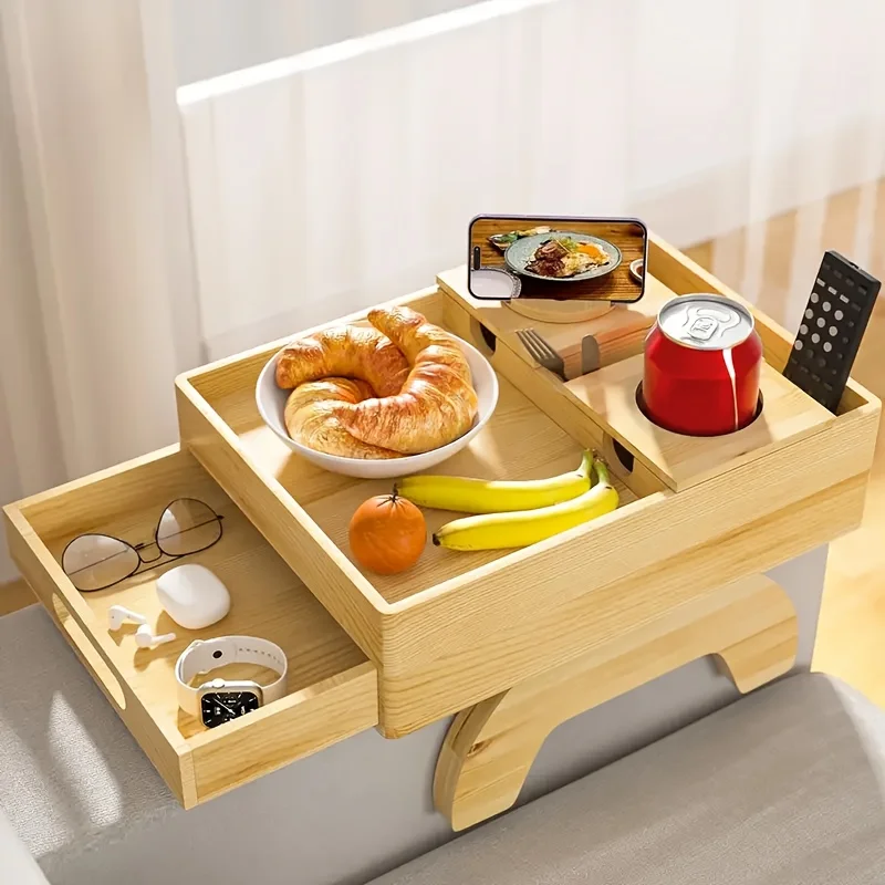 

Держатель для чашки дивана Подлокотник для дивана Поднос Приставной столик для дивана с выдвижным ящиком для организации и хранения мелких предметов