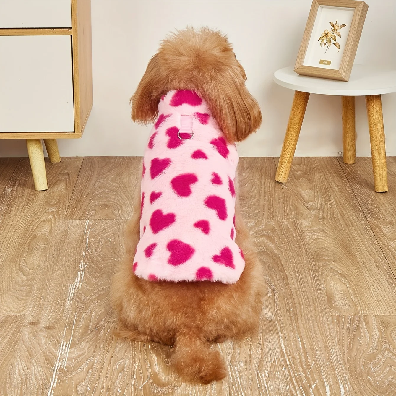 Winter Autumn Warm Knit Dog Jacket with Heart Pattern, Thick Fleece Lining, Non-Waterproof, D-Ring for Leash Attachment, Snap Bu