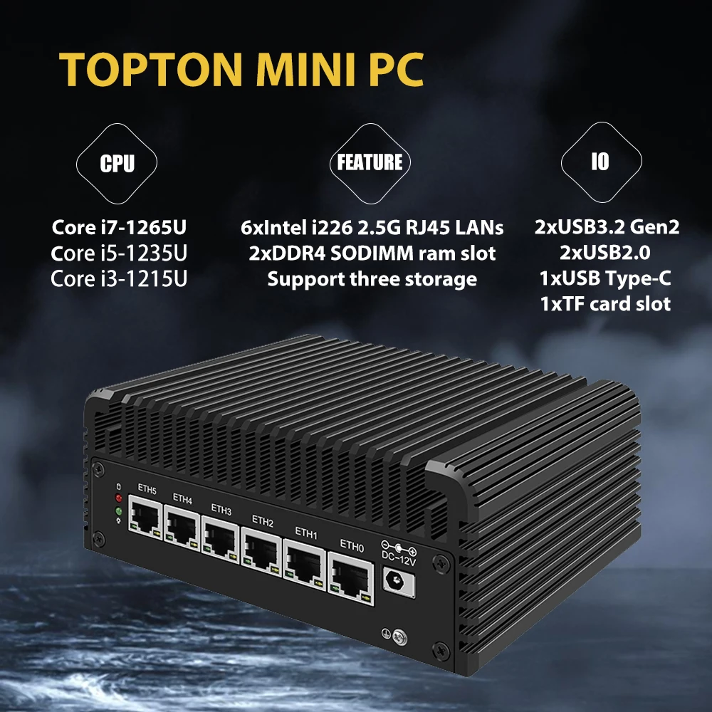 Micro aparelho firewall mini pc vpn minipc intel i7 1265u pentium ouro 8505 6 x intel 2.5gbe I226-V lan 1xtf slot para cartão opsense