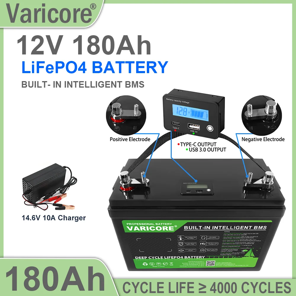 Batterie LiFePO4 Varicore 12,8V 180Ah avec BMS intégré et écran LCD, batterie au phosphate de fer et de lithium à cycle profond pour camping-car, camping, stockage d'énergie solaire, bateau, motorhome
