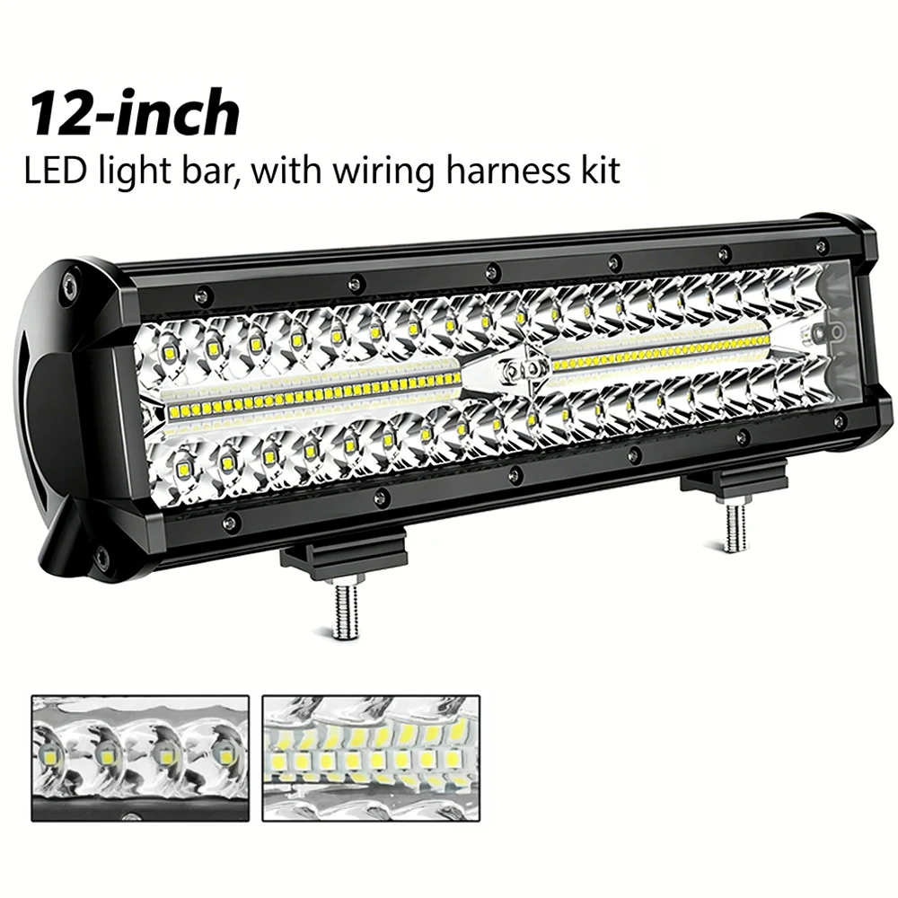Barre lumineuse LED de 12 pouces, barre lumineuse LED à trois rangées, lampe de travail LED, lampe tout-terrain, projecteurs LED pour camions, SUV, VTT, UTV, bateaux, accessoires pour camions