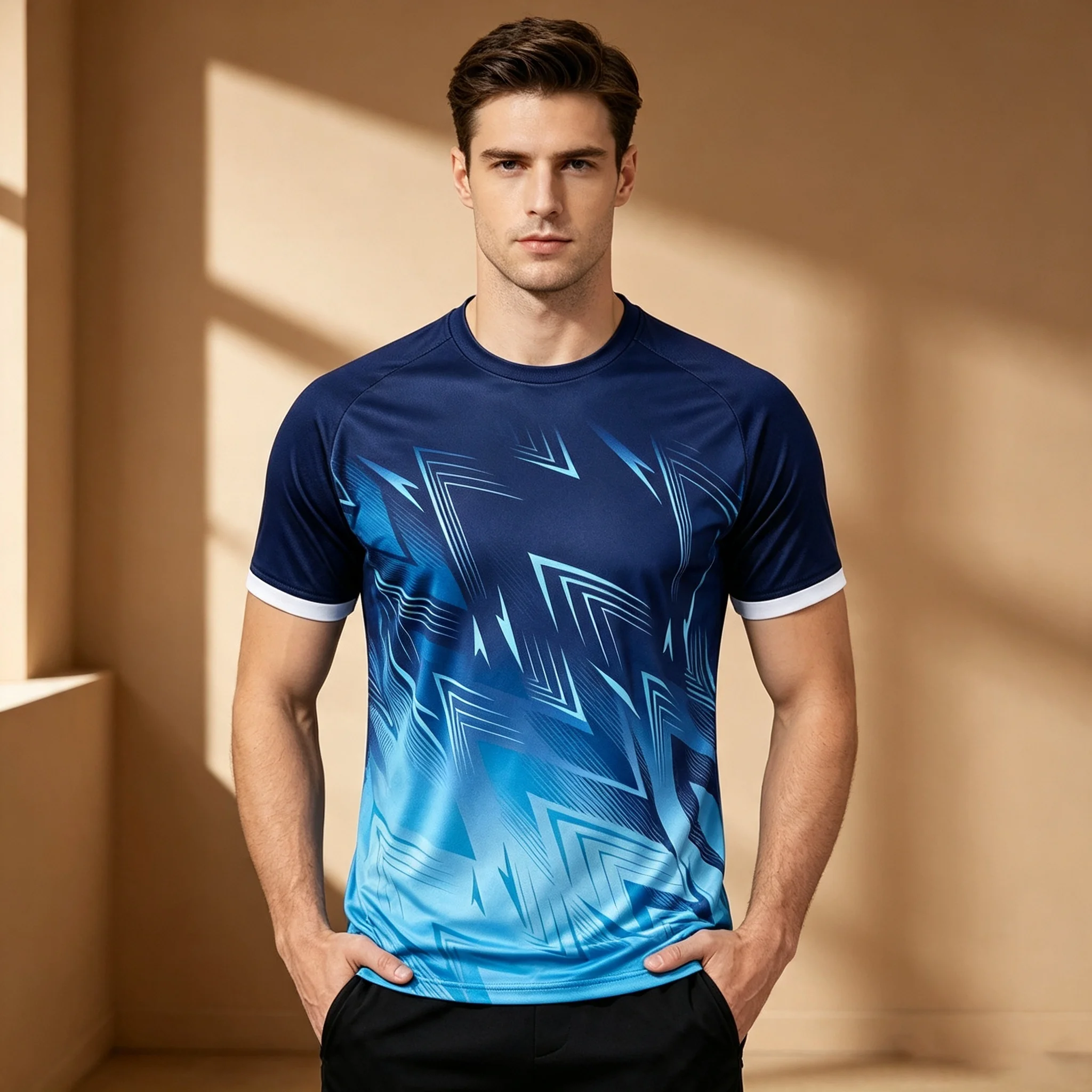 Summer Men's Breathable Mesh Sport Jersey Dark Blue Light Blue Chevron Print Raglan Sleeve Fitness Training Top