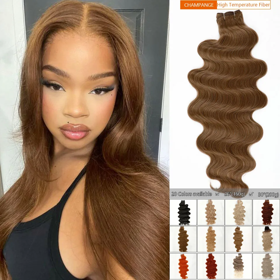 Bundles de tissage de cheveux bruns châtains, extensions de cheveux en fibre naturelle douce, vague de corps, synthétique, haute température, 26 po, 30 po