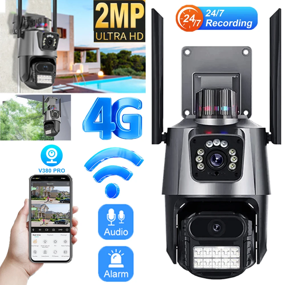 2MP HD Dual Lens 4G WiFi Outdoor Wireless Security Camera with Audio Two-way Audio Home Surveillance Cameras Automatic Alarm