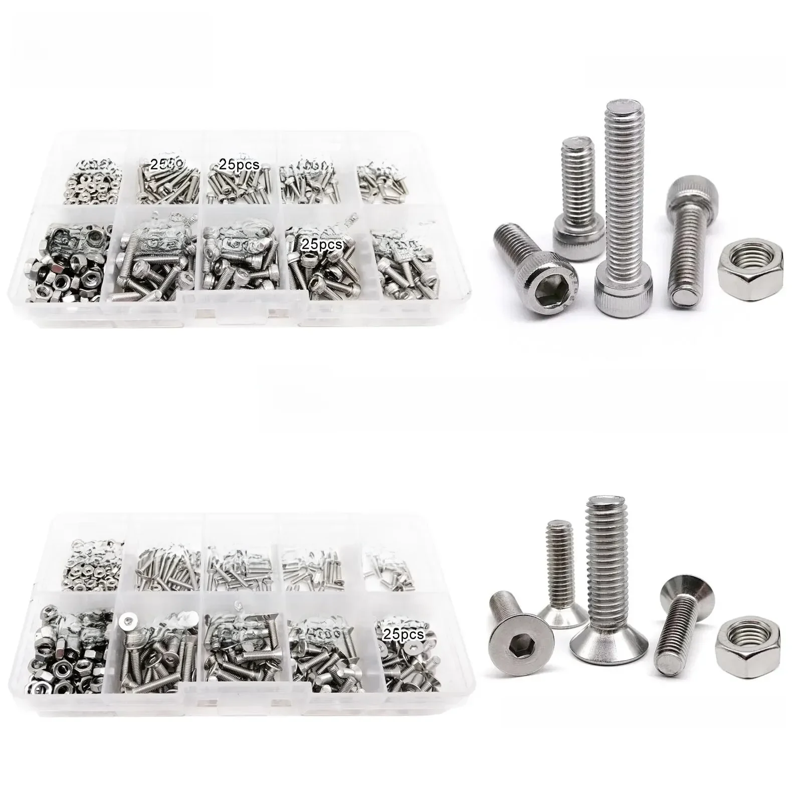 Kit de mélange de boulons à tête hexagonale, couvercle à six pans creux, seau plat, vis coulée, écrou, boîte, acier inoxydable, M2, M3, 10, TANAllen, 400, A2, 304 pièces