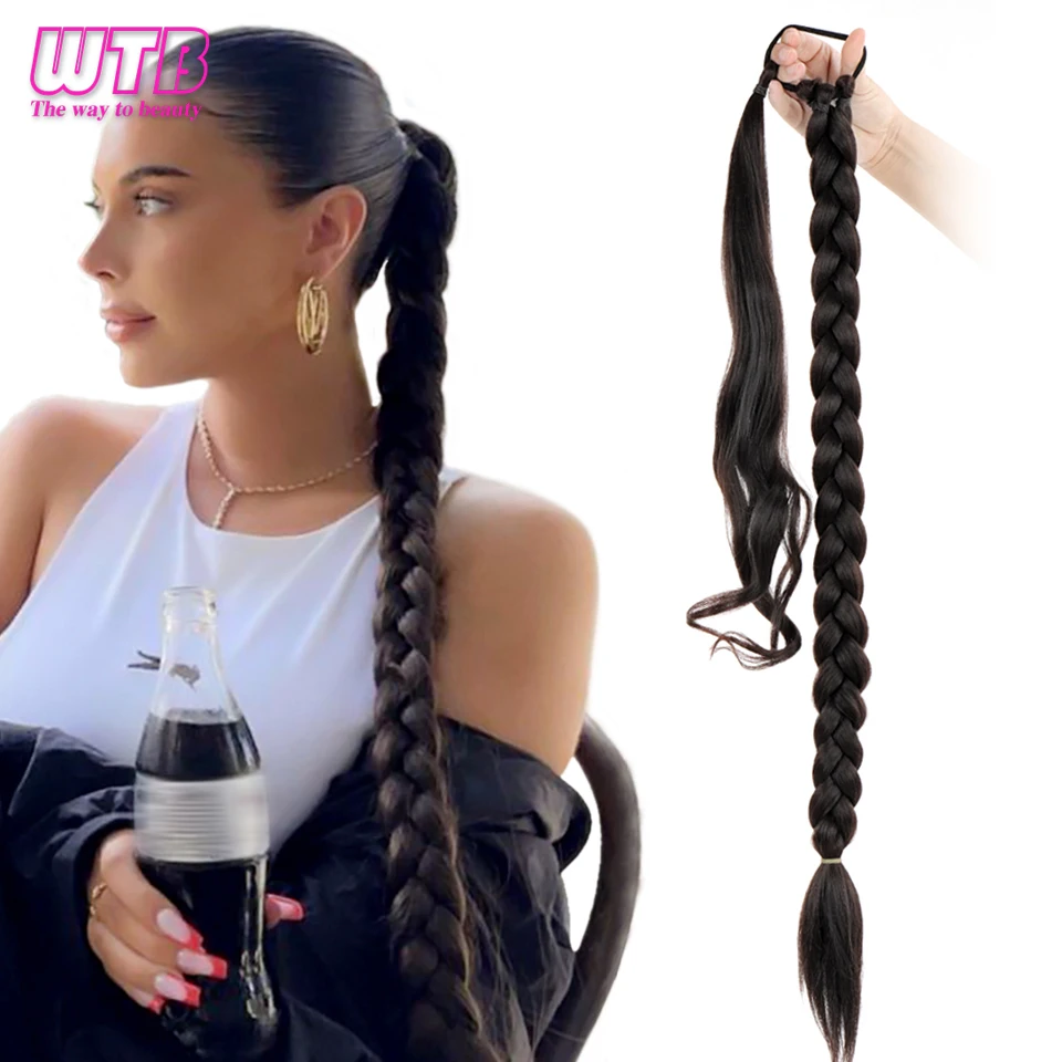 WTB Braids Ponytail Extensions Synthetic Boxing Wrap Around Hair with Rubber Band for Women High Temperature Fiber Hairpieces