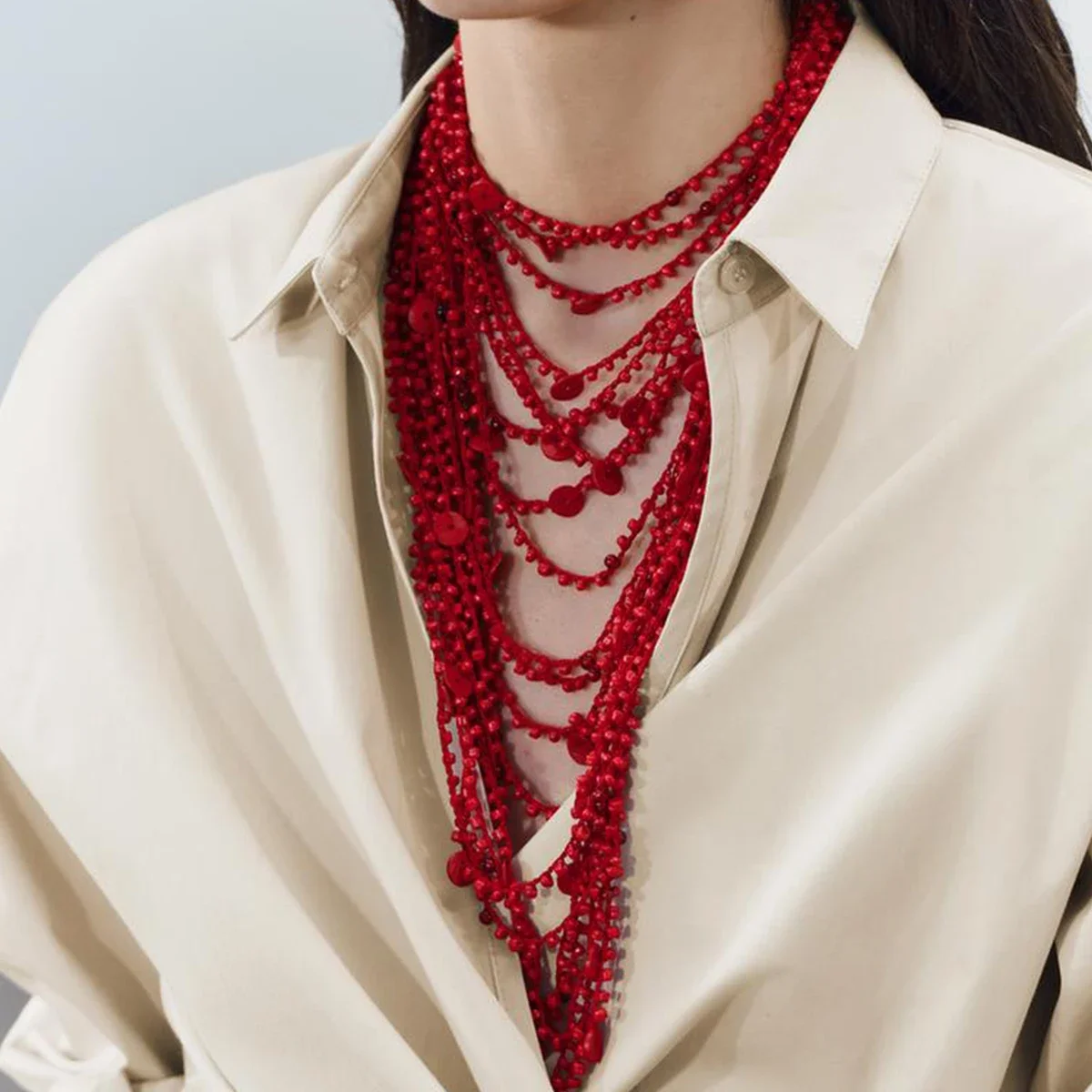 2024 neue zaa rote mehr schicht ige Quaste Perlen Ketten Choker Halsketten für Frauen Vintage