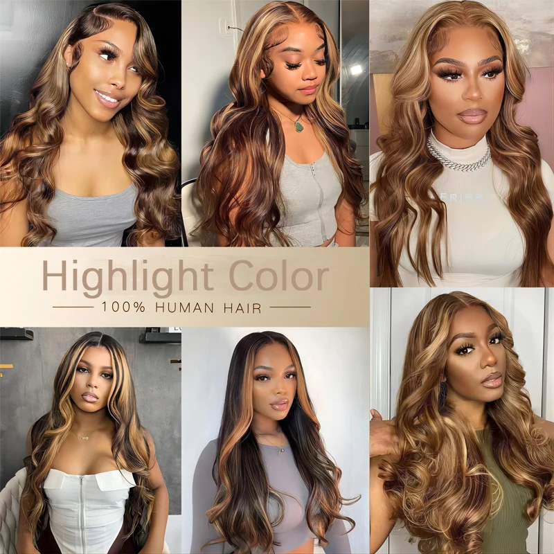 Highlight Body Wave Bundles With Closure P4/27 Color 4x4 Lace Closure With 3/4 Bundles Indian Virgin Human Hair 65g/Pc Bundle