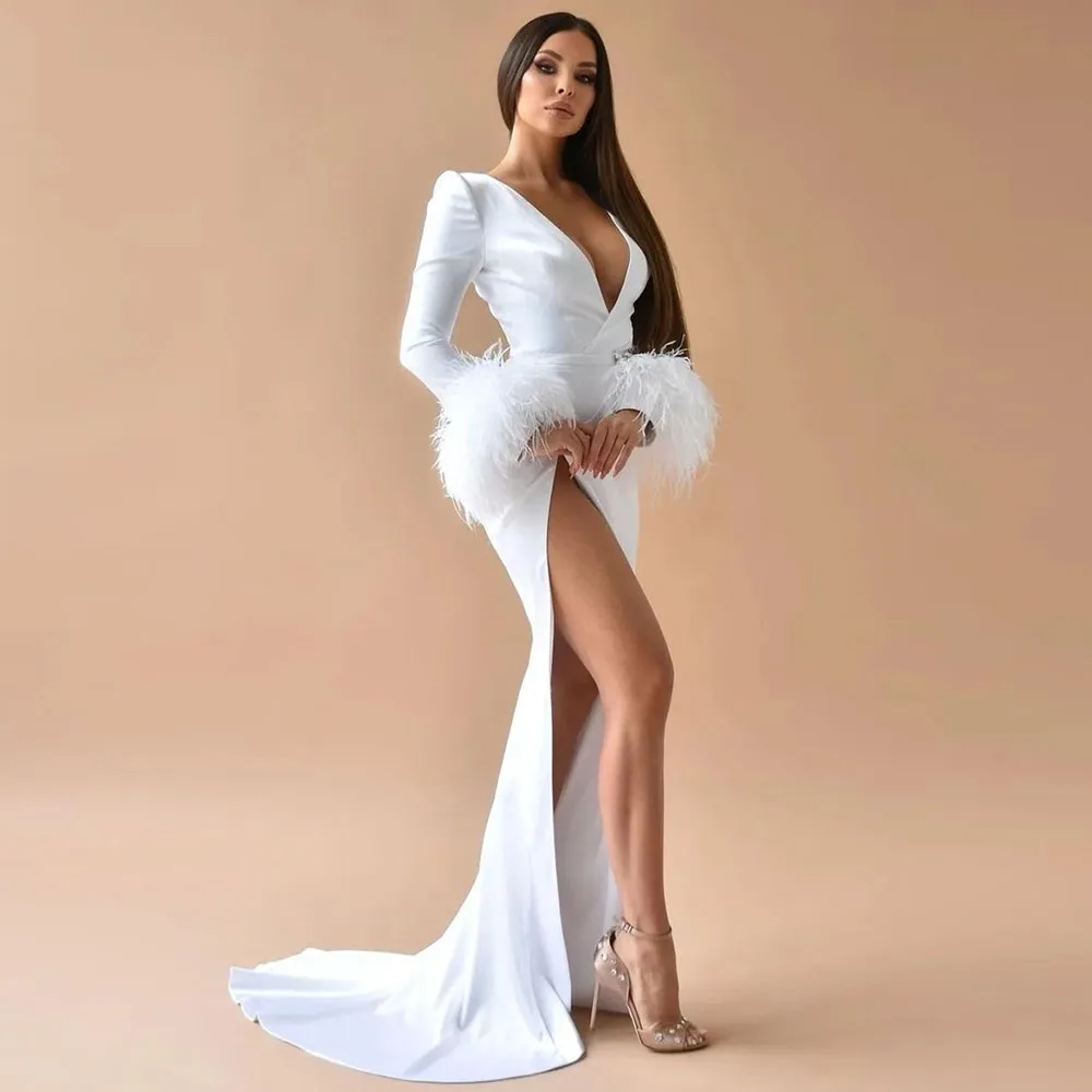 

Gorgeous Prom Gown for Women Deep V-Neck Feather Full Sleeves Side High Slit Court Train Evening Dresses فساتين للحفلات الراقصة