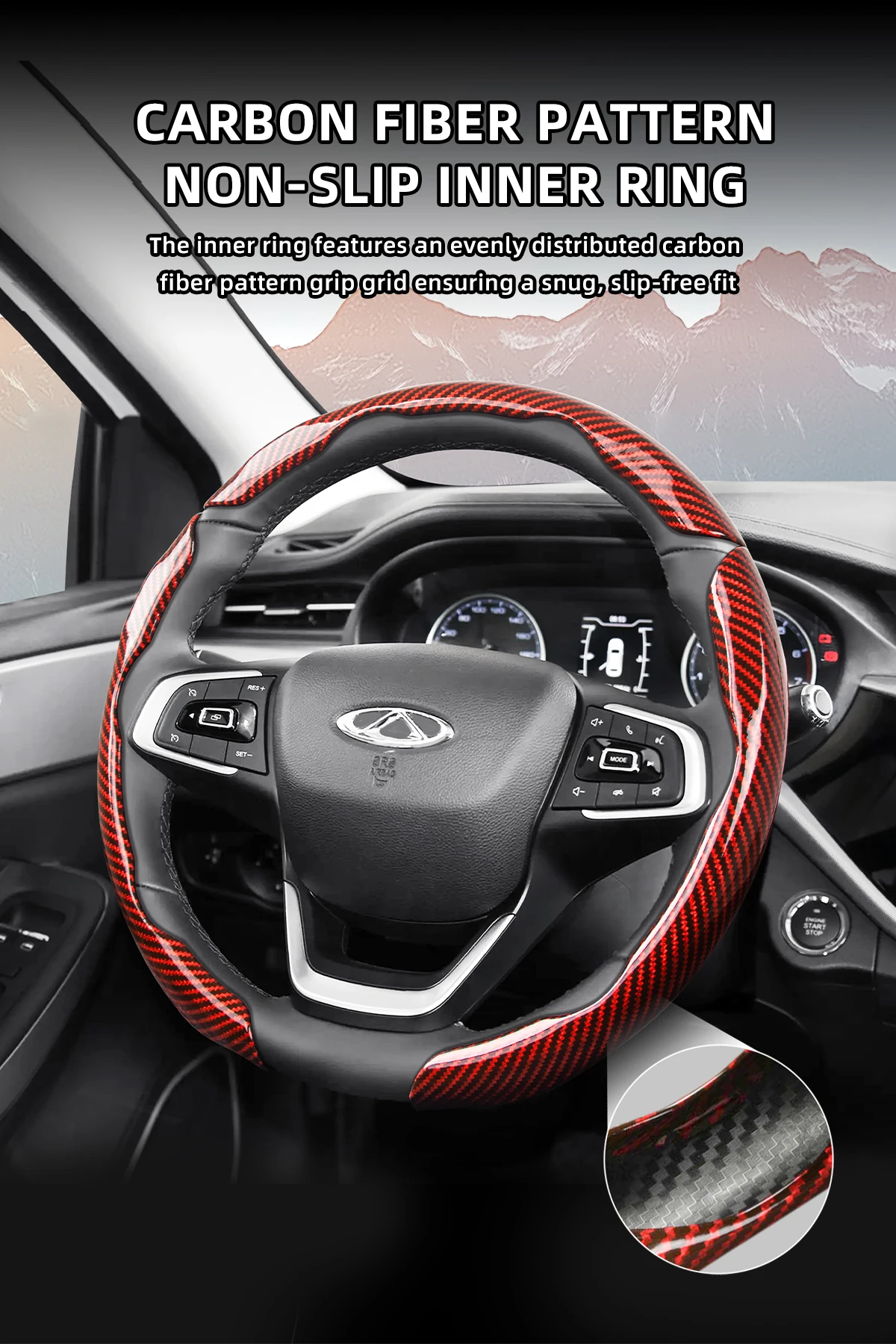Passend für Chery Sporty Glänzende Carbonfaser-Textur Lenkradabdeckung mit Snap-On-Design für Tiggo 2 3 4 7 8 9 Pro Max Csh Arrizo 6 Cross C5 J6 E5 Omoda 5 Gt Eq7 Auto-Innenausstattung Schutzgehäuse – Detail 9