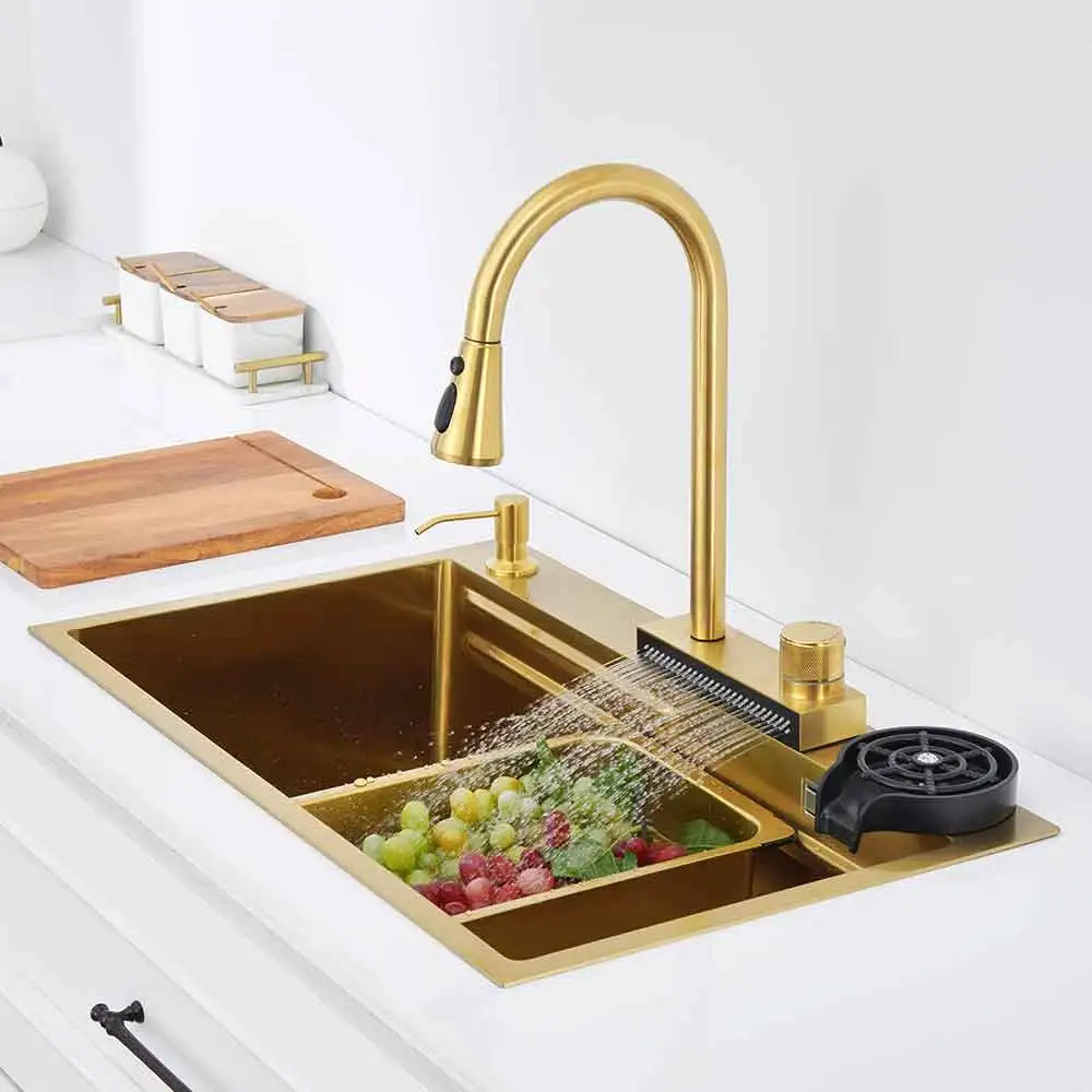 

Waterfall faucet gold kichen sink Nano sink 304 Stainless Steel Golden Topmount Single Bowl Wash Basin with chopping board