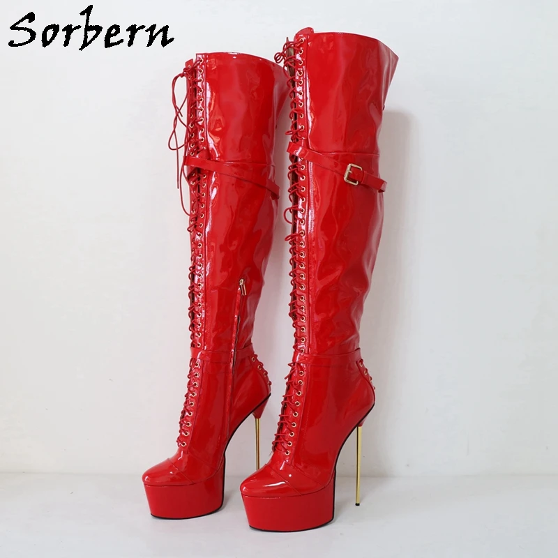 Sorbern 22Cm Metal High Heel Boots Mid Thigh Red Straps Thick Platform Shoes Lace Up Fetish Unisex Shoes For Drag Queen Big Size