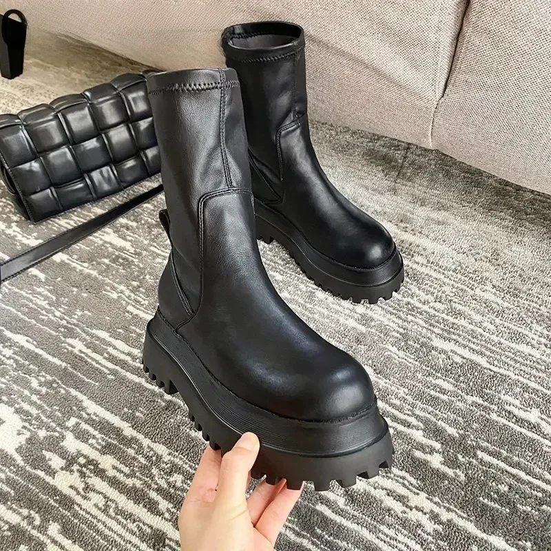 Bottes hautes à plateforme épaisse pour femme, hiver 2026, bout rond, fermeture éclair, semelle épaisse, mode féminine