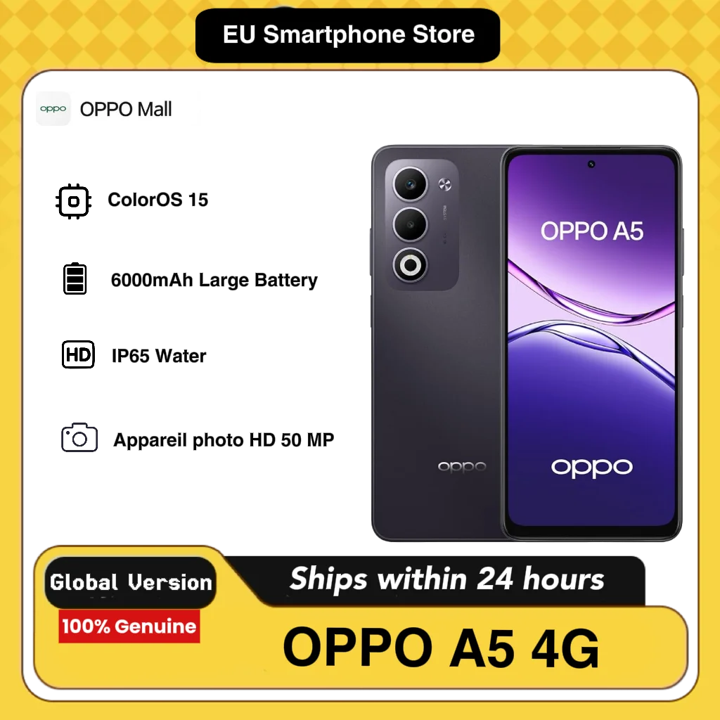 Téléphone OPPO A5 4G AI, 4 Go/6 Go + 128 Go LTE, version mondiale, téléphone débloqué, fonctionnant sous Android 8.1 avec système d'exploitation ColorOS 5.1