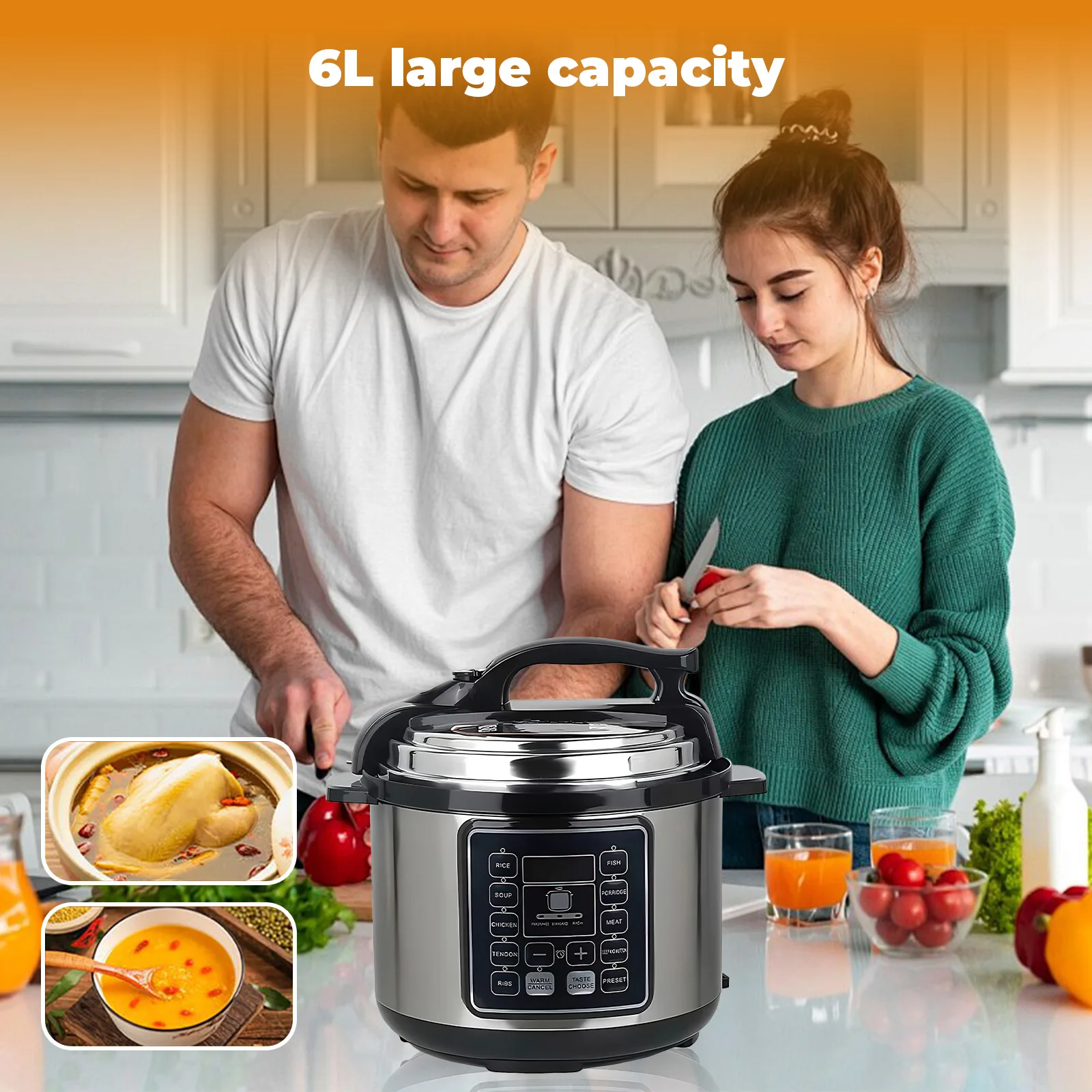 Cuisinière électrique à pression 6L, multicuiseur 10-en-1, 1050W, pot numérique antiadhésif, cuiseur à riz multifonctionnel, prise EU