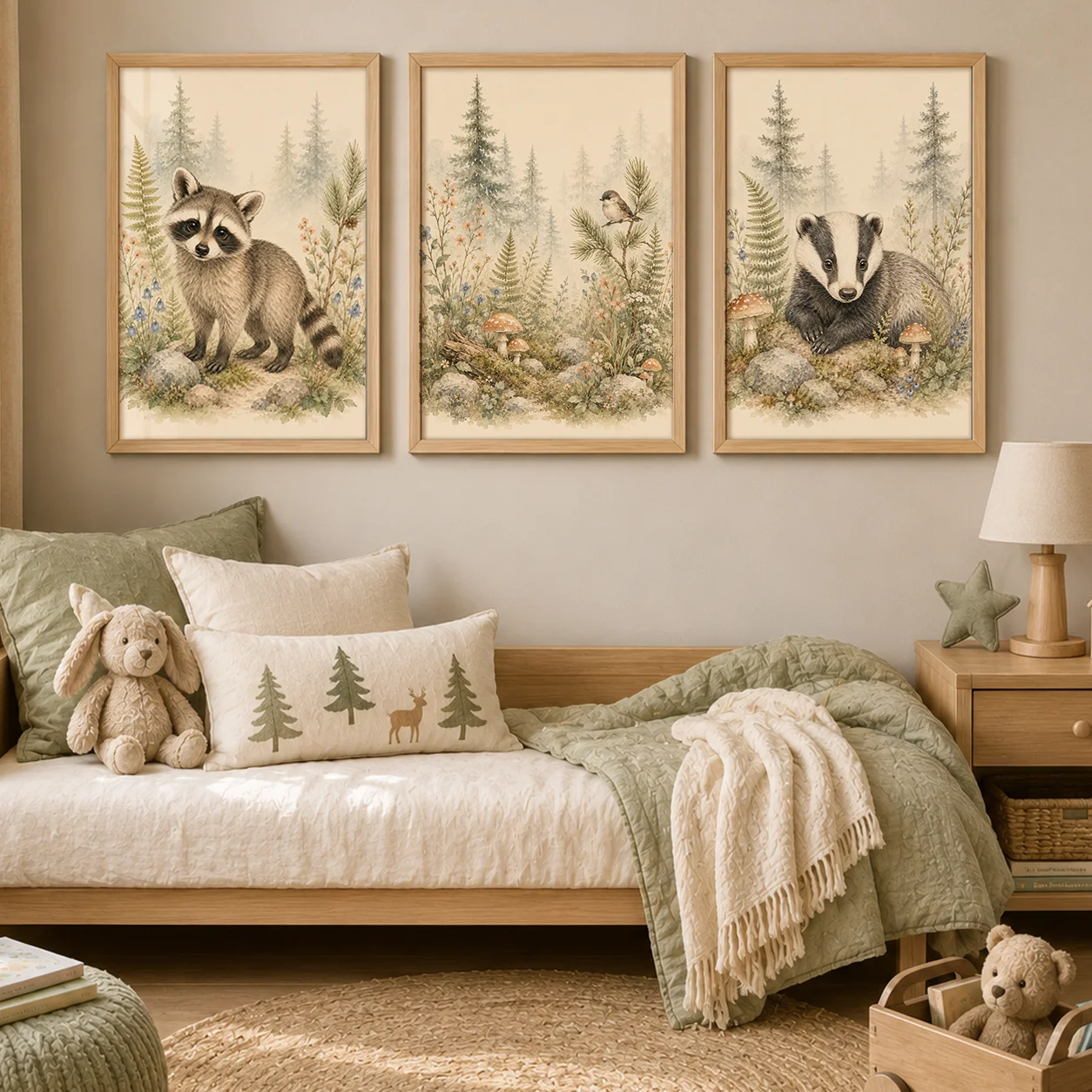 Woodland Animal Cute Pastel Wall Art Nursery Canvas Painting Whimsical Aesthetic Poster Print for Woodland Nursery Decor