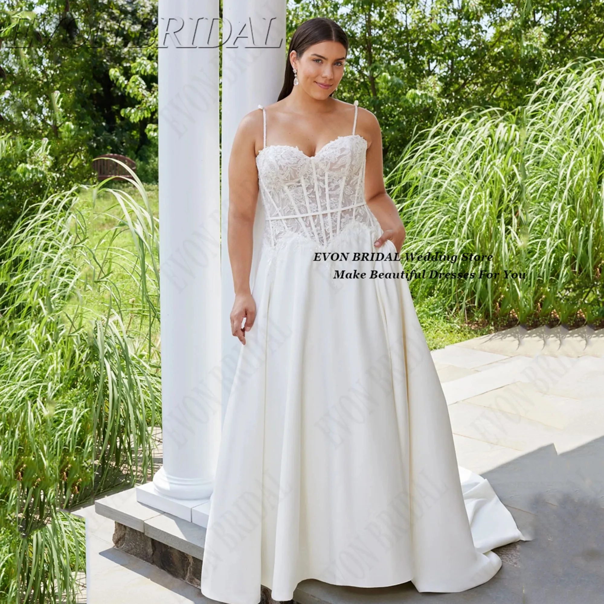 EVON BRIDAL Customized Wedding Dresses Plus Size 2026 Spaghetti Straps Lace Applique Bride Gowns A Line Satin Wedding Gowns