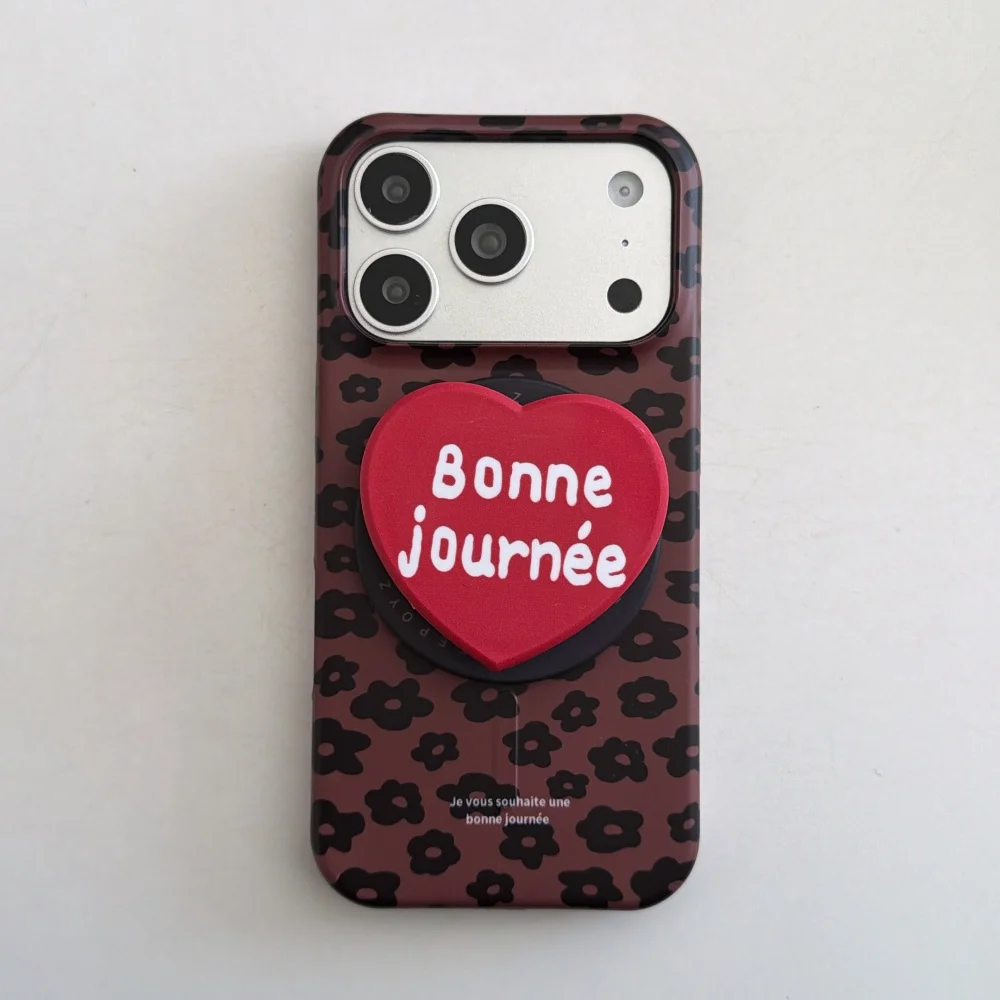 

Fashionable brown background flower heart English with magnetic holder mobile case, suitable for iPhone 14/15/16/17 Pro Max