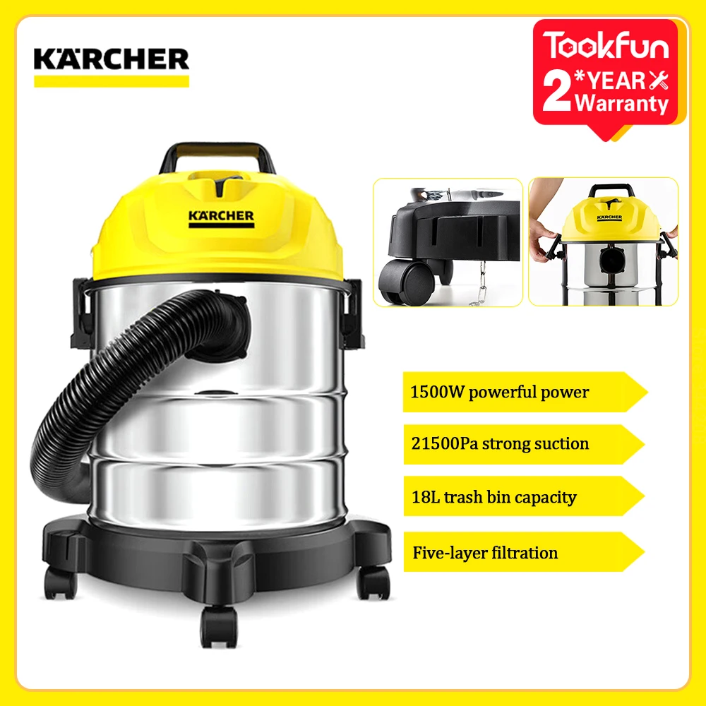 Karcher Wd1s Barrel Vacuum Cleaner 18L Wet Dry Blowing Three-In-One 21500Pa Home Carpet 1800w IPX4 Five-Layer Filtration 76dB