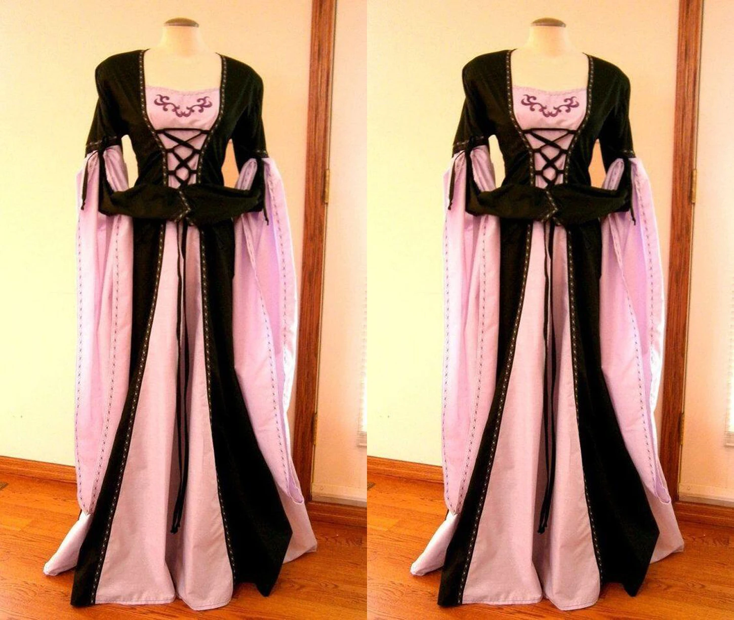 

Medieval Gothic Lace-Up ball gown Victorian Gothic Steampunk Pink Black Dress Medieval Wedding Dress Flow Sleeve ball gown