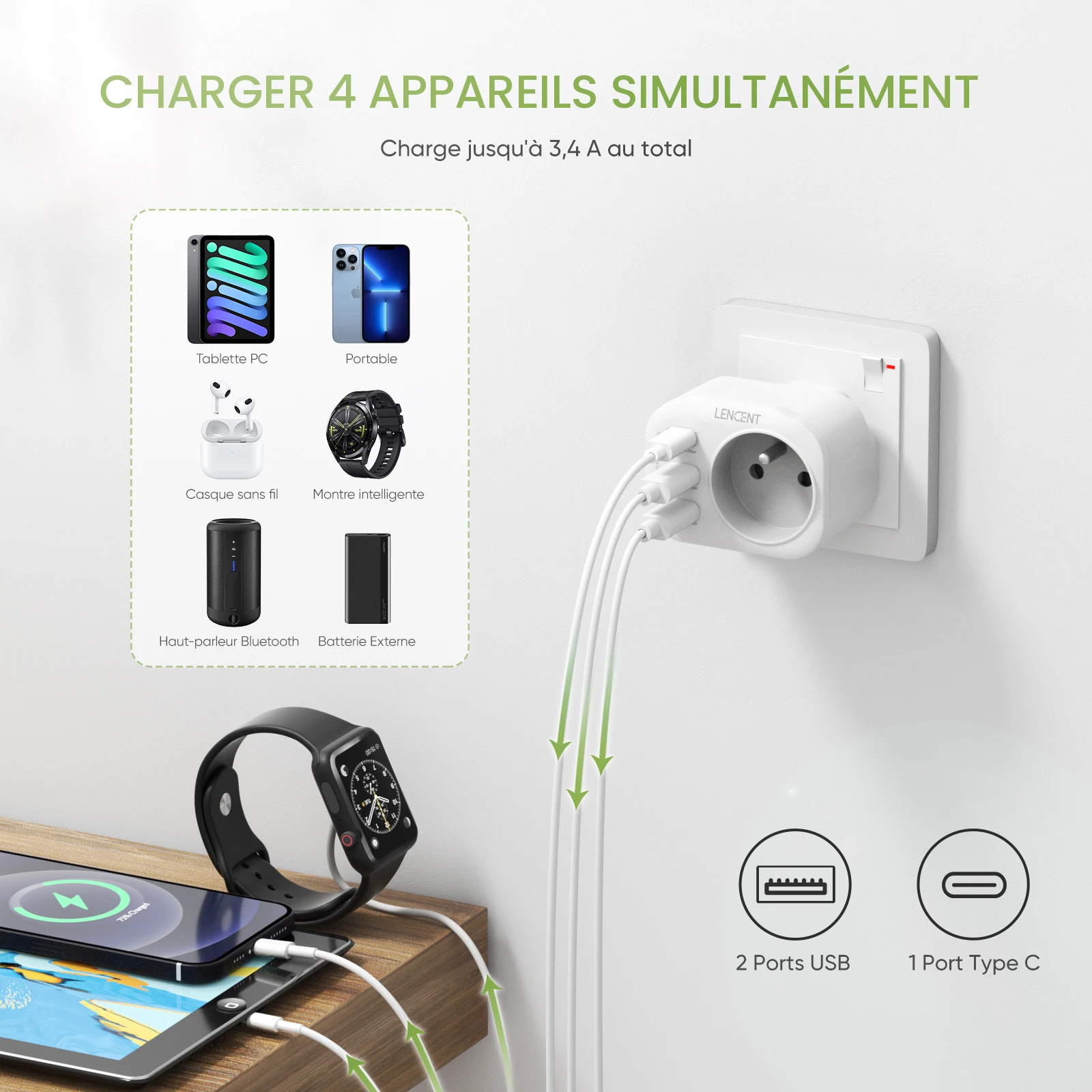 LENCENT 2 حزمة FR إلى المملكة المتحدة محول السفر مع 1 مخرج تيار متردد 2 منافذ USB و 1 نوع C 4 في 1 محول الجدار شاحن للمنزل/السفر