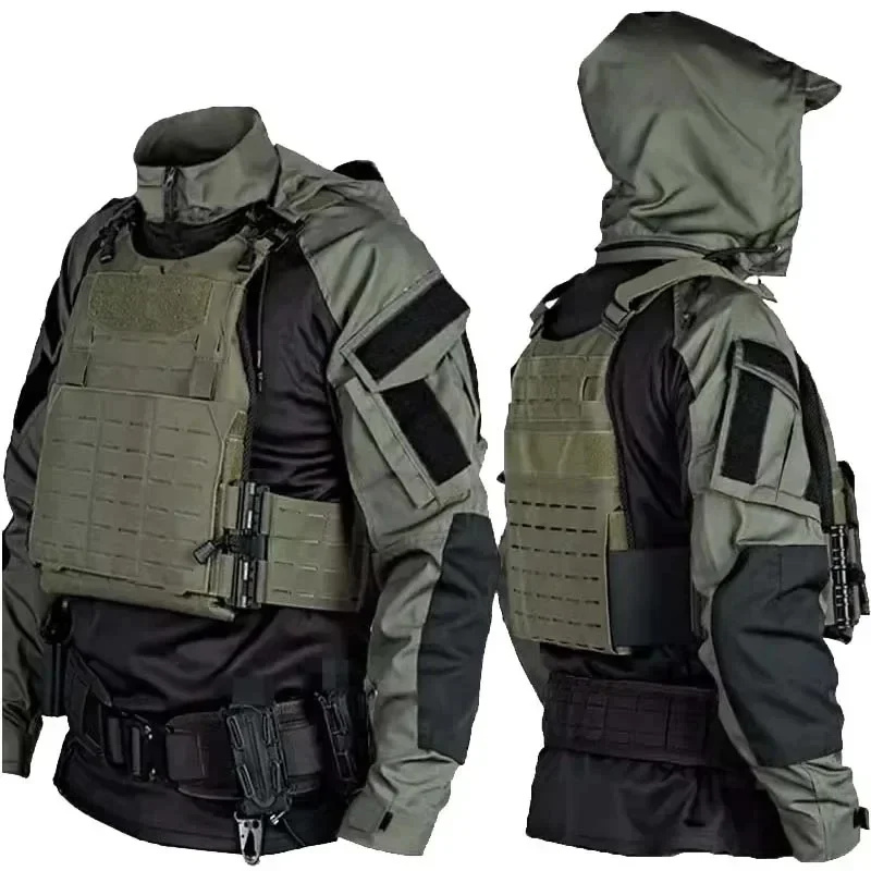 Taktyczne koszulki bojowe Męska oddychająca koszulka z długim rękawem Camo z kapturem Szybkoschnąca koszulka CS Paintball Topy Odporne na zużycie — zdjęcie 2