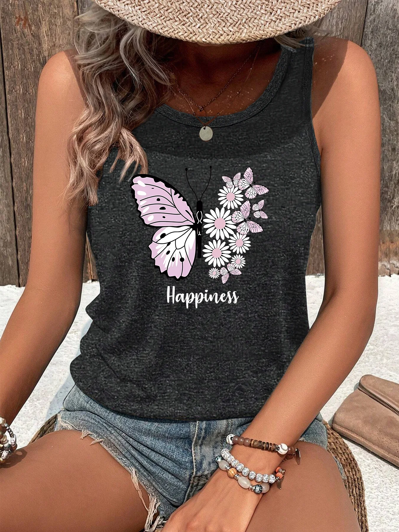 Pink Butterfly Phalaenopsis Frien Happiness Fashion Funny Sports Women's Tank Top Loose O Neck Sleeveless Casual Tank