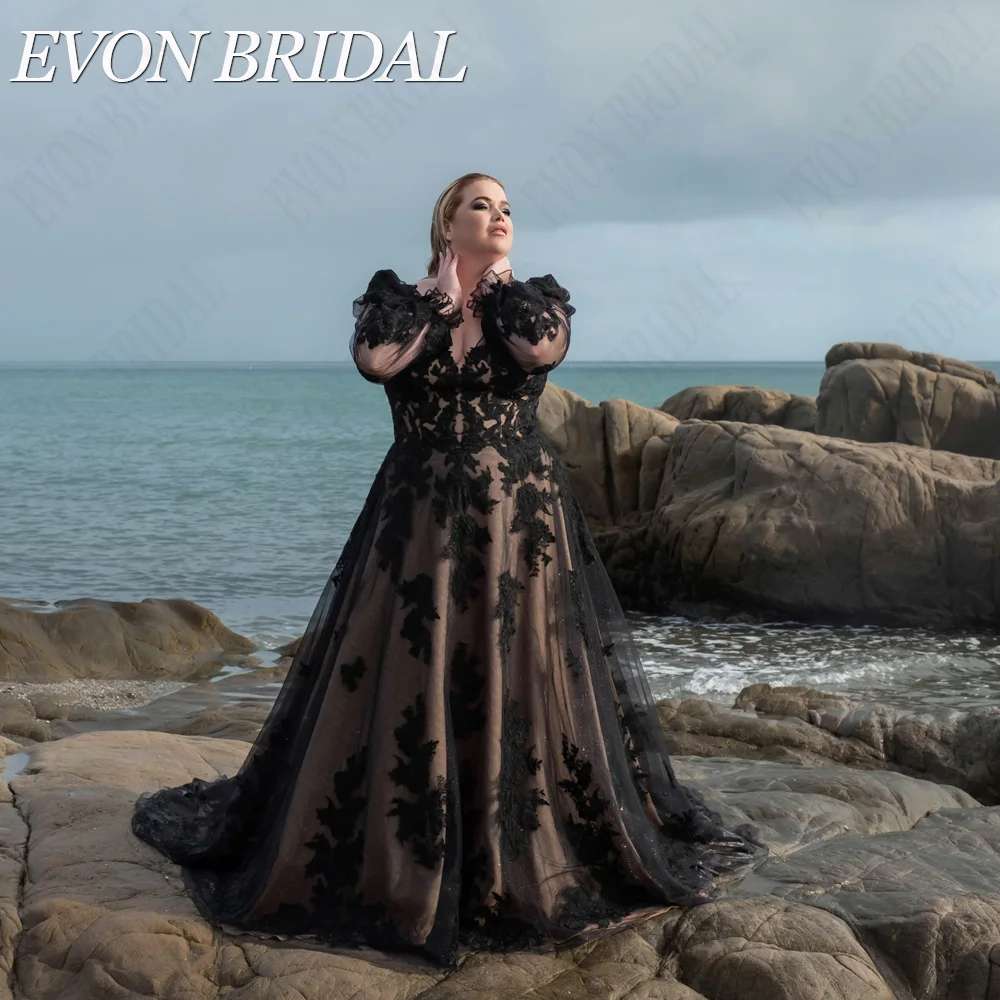 Evon Bridal robe de mariée noire moderne manches bouffantesEVON BRIDAL-Robe de mariée noire moderne avec manches bouffantes, robe de mariée en tulle