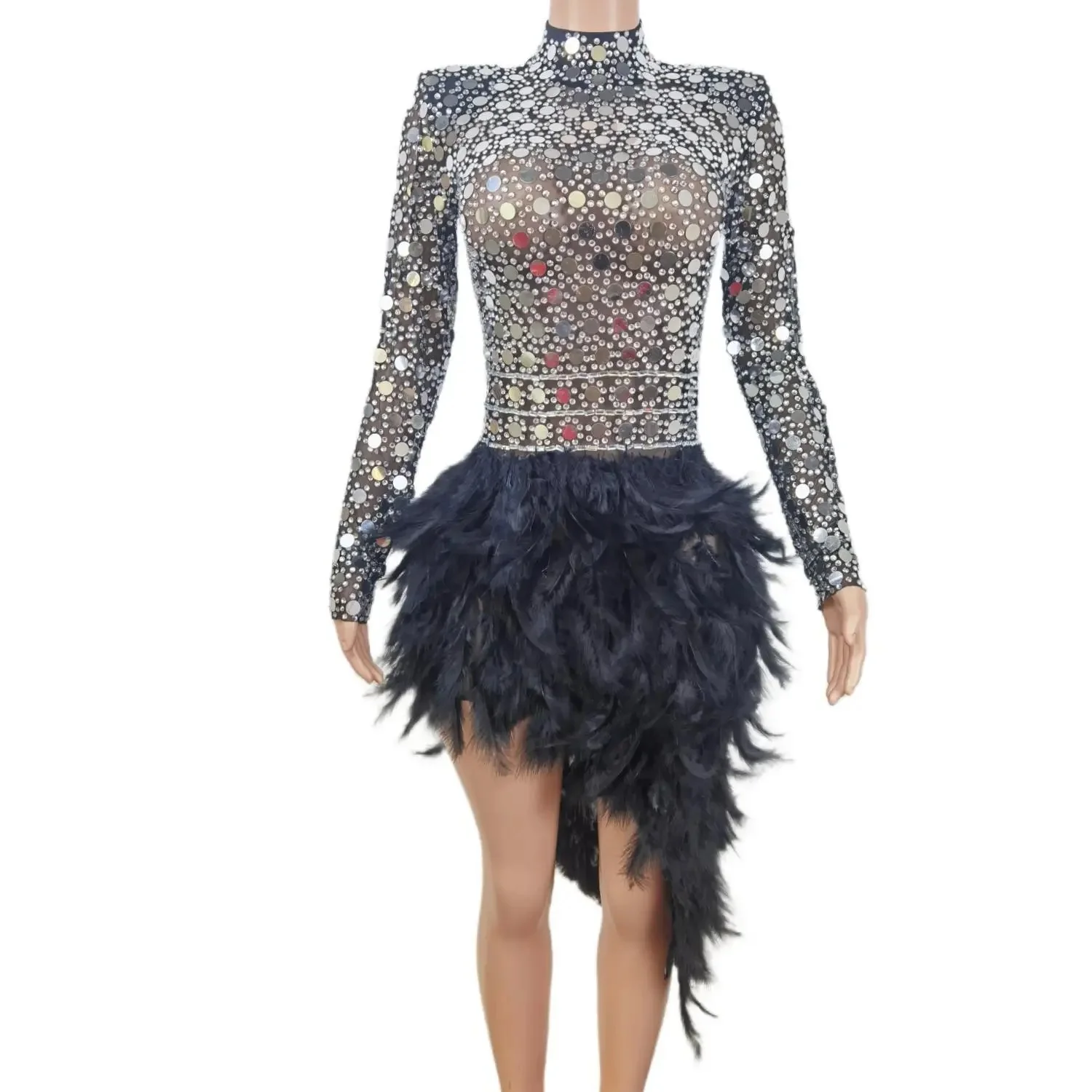 Stage Performance Dress Luxury Sequin Rhinestone Casual Dress Women Clothing Black Feather Long Sleeve for Runway Fashion Show