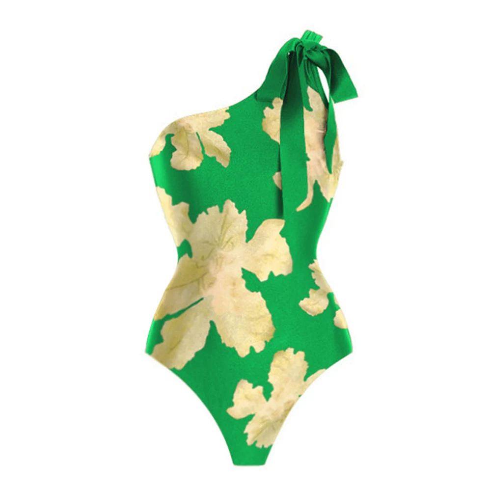 Green One Shoulder Floral Print Swimsuit With Cover Up Set Single Piece Micro Monokini Sexy String Print Floral Bathing Suits