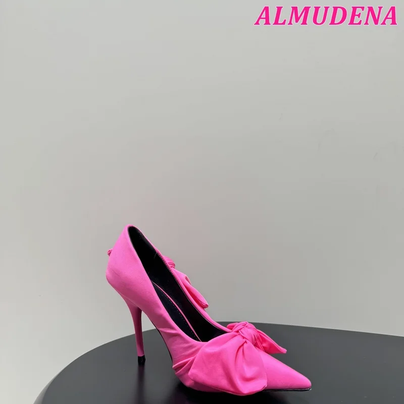 Big Bow Knot Pointed Toe Pink/Black Pumps 2024 New in Women's Sexy Shallow Satin High Heels Luxury Designer Party Shoes on Offer