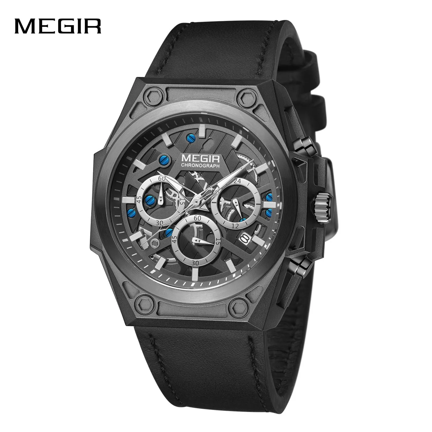 MEGIR Quartz Watches 5ATM Waterproof Men's Sport Chronograph Stainless Steel Case Casual Luminous Hands Wristwatch Gift for Men
