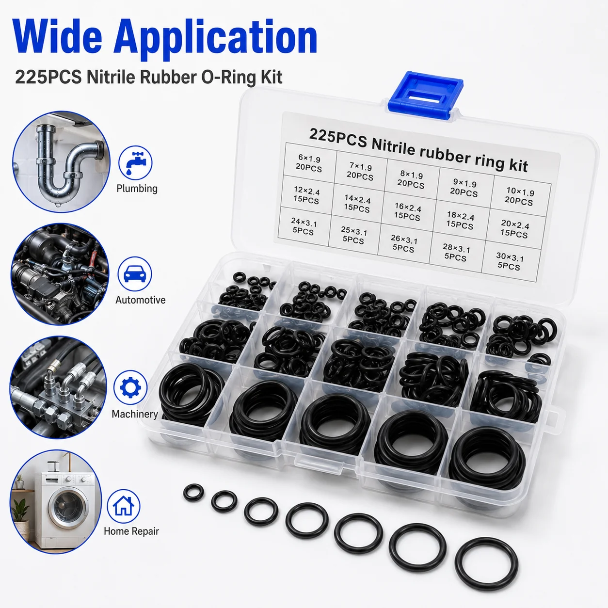 225Pcs NBR O Ring Assortment Set, Metric Rubber Sealing Washer Kit for Plumbing Pipes Faucets Cars and DIY Repair, Bag Packaging