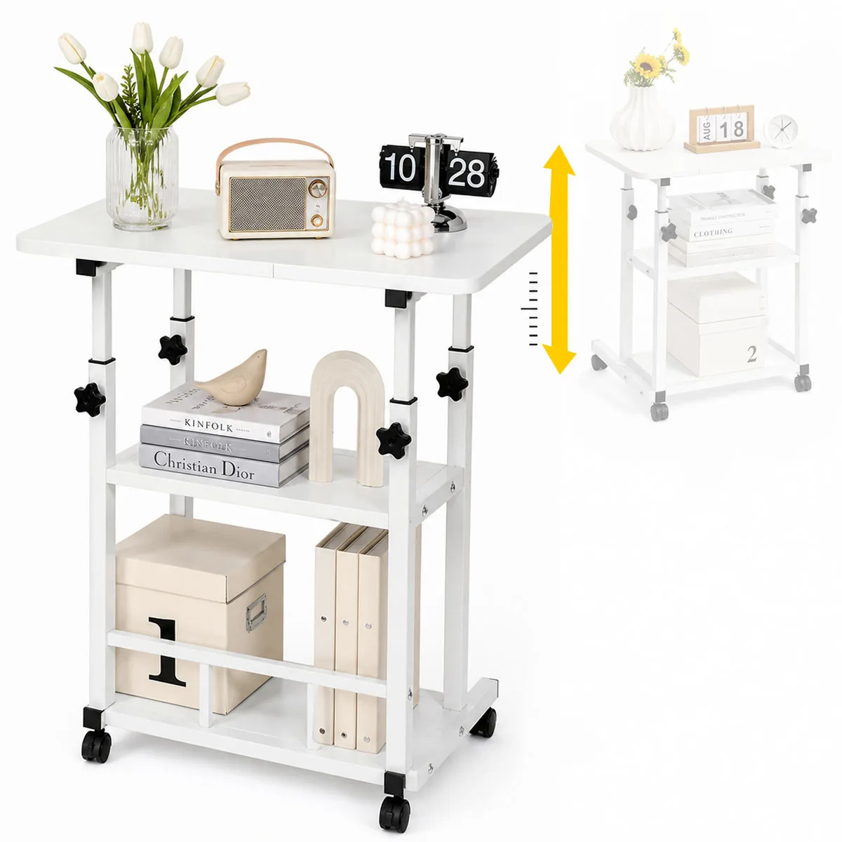 Adjustable Height Side Table with Wheels 3-Tier Storage Rolling Laptop Cart Sofa Bedside Mobile End Table for Home Office