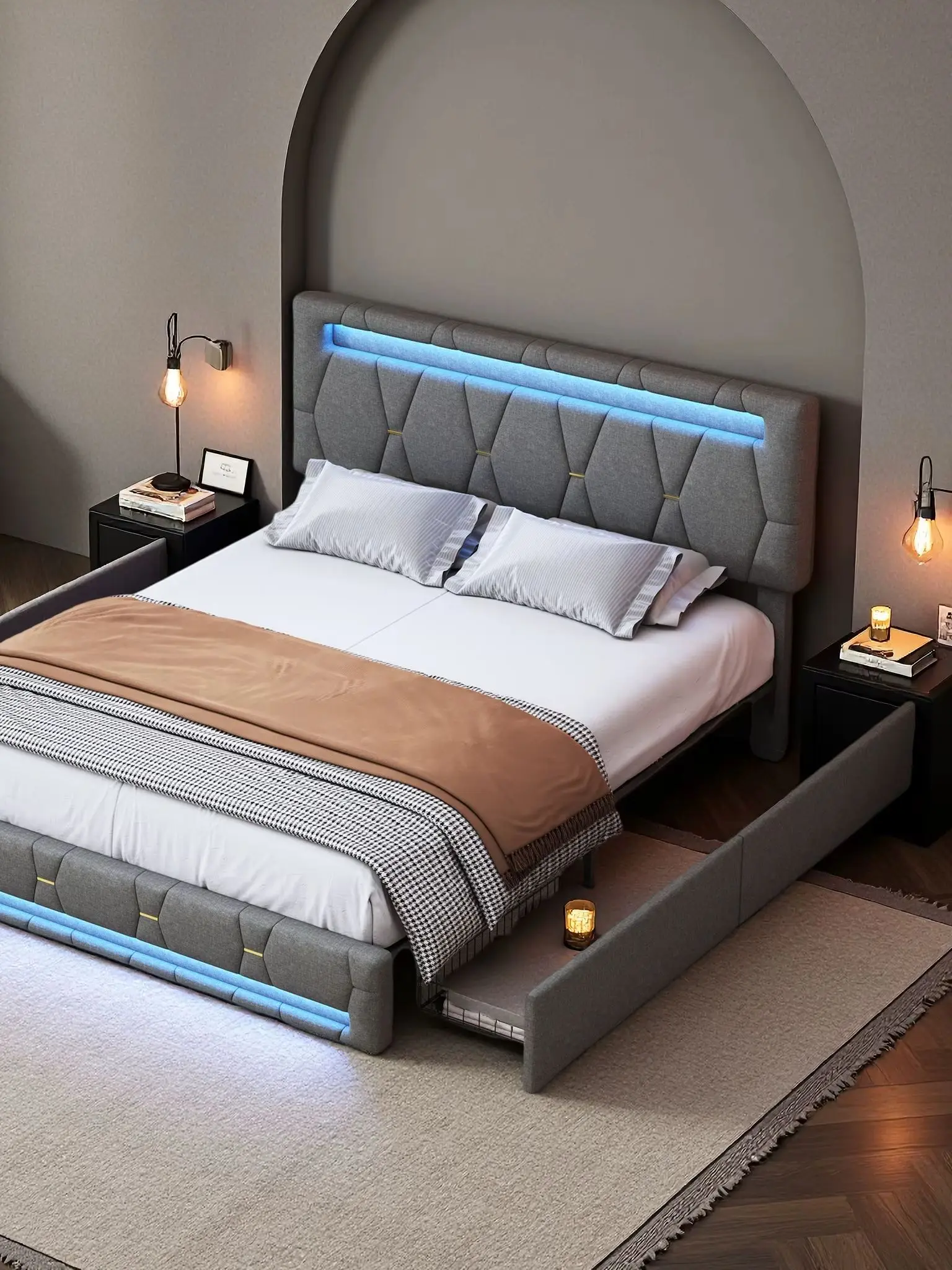 Bed 140x200cm, opbergbed met LED-verlichting, lades en lattenbodem, linnen grijs, tienerbed/gastbed - afbeelding 2