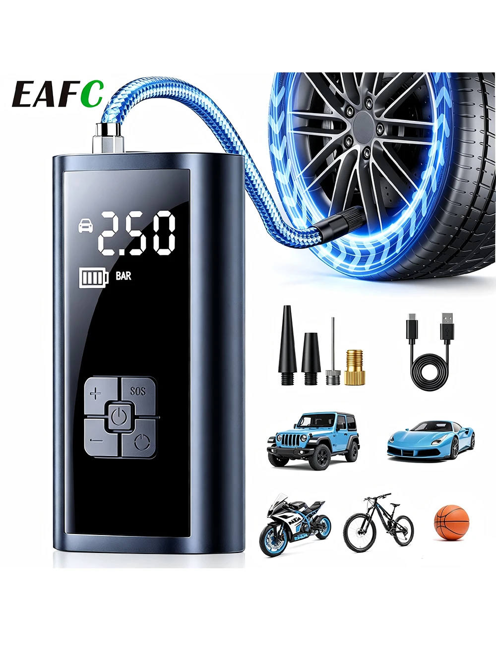 EAFC Bezprzewodowa Pompka Samochodowa 150PSI Kompresor Powietrza do Samochodu z Oświetleniem LED Pompka do Pompowania Opon Motocykla Roweru Samochodu Piłek — 2