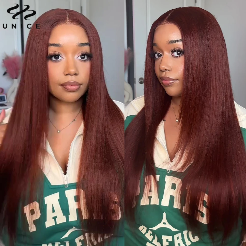 UNice Reddish Brown Yaki Straight Glueless Wig for Beginners Pre Cut Pre Bleached 7x5 Lace Front Wig 100% Human Hair Wear Go Wig