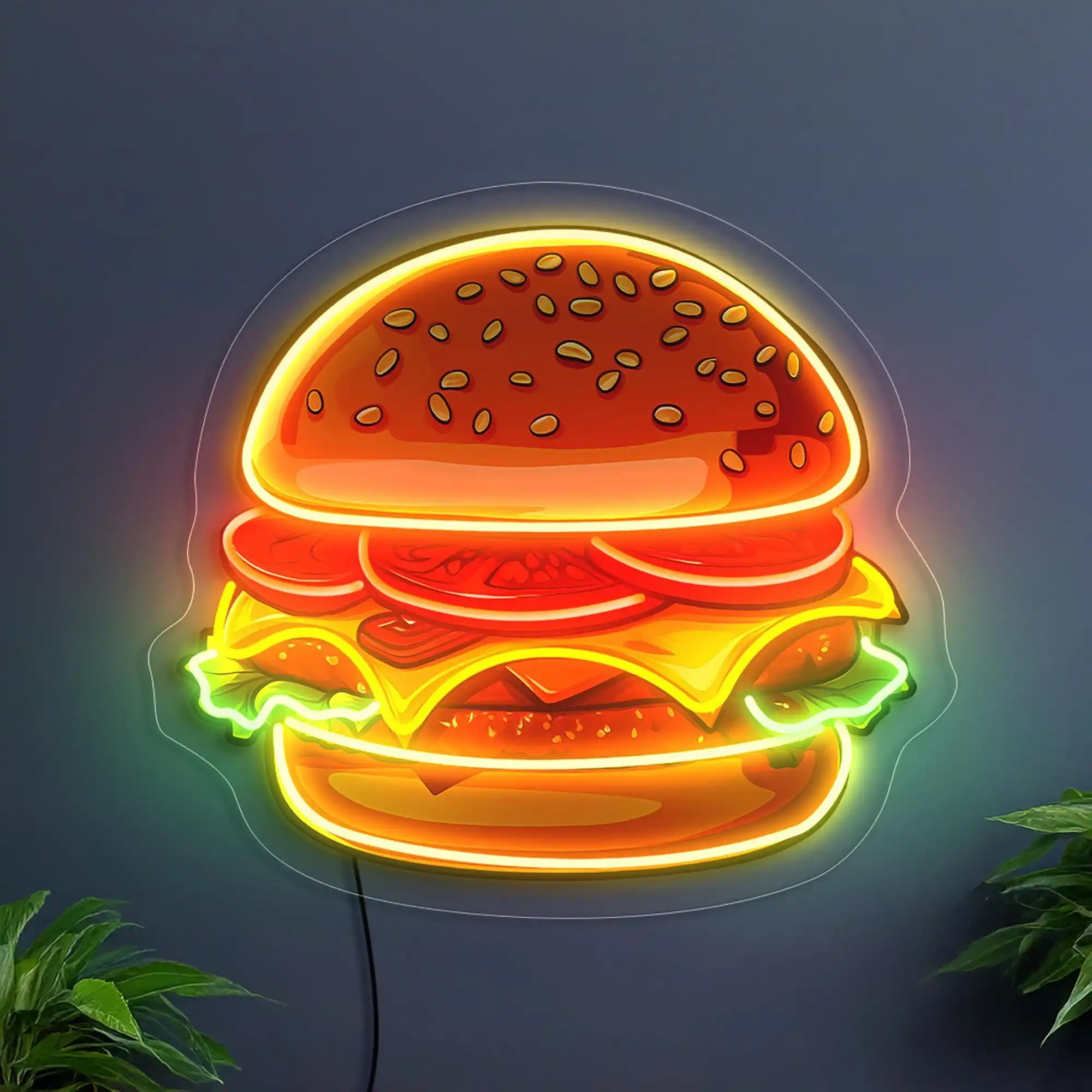 

Hamburger Neon Sign Funny Fast Food Wall Art Decor Business Shop Restaurant Wall Hanging Burger Dimmable UV Print Sign