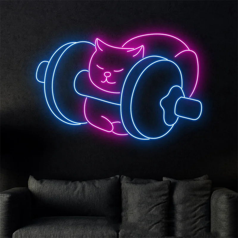 

Cat Sleeping Barbell Neon Sign, Barbell Dumbbell Sport Led Sign, Gymnastic Wall Art Led Neon Light, Gifts For Dad