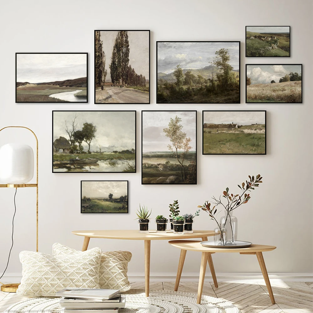 Affiches de paysage français Vintage du 19ème siècle, peinture à l'huile de ferme, toile, photos murales, décor de salon
