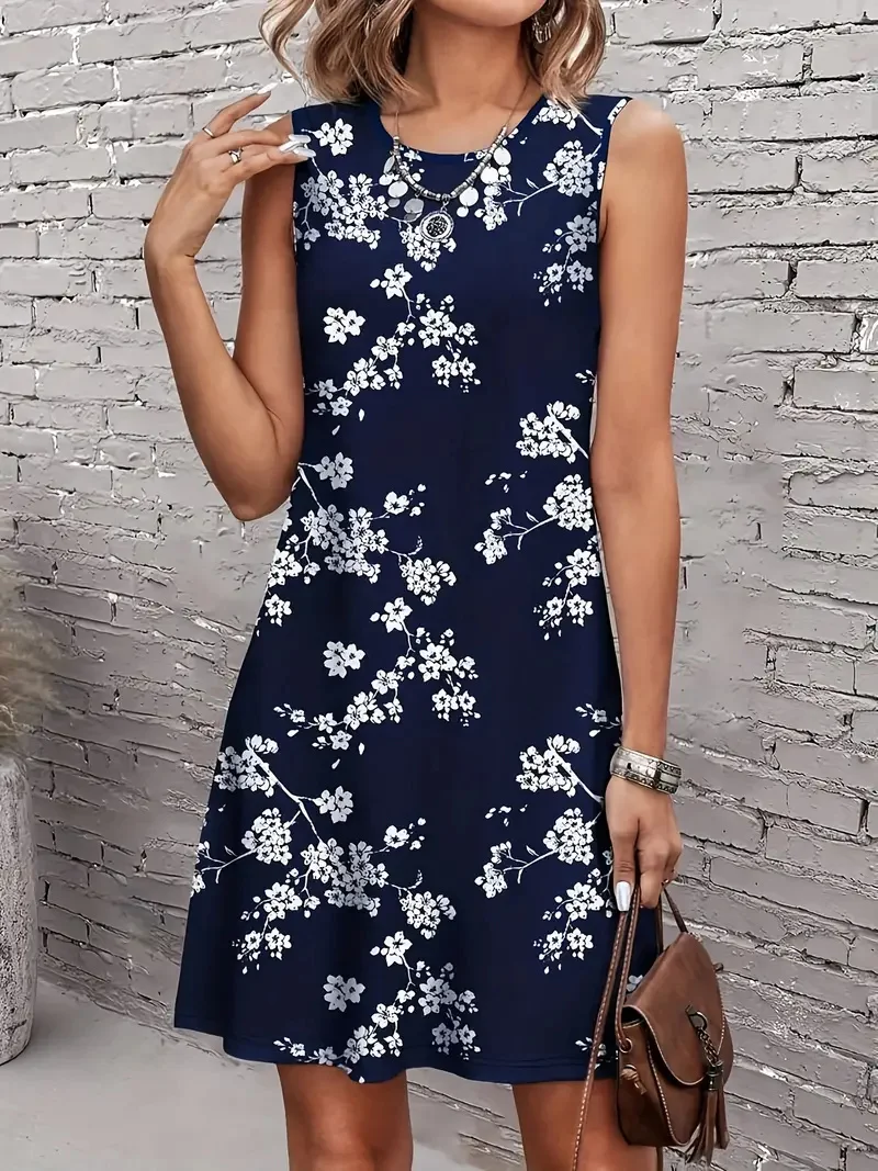 Summer Fresh Floral Print Pocket Vest Dress Casual Sleeveless Round Neck Mid-length Holiday Beach Seaside Women's Dress