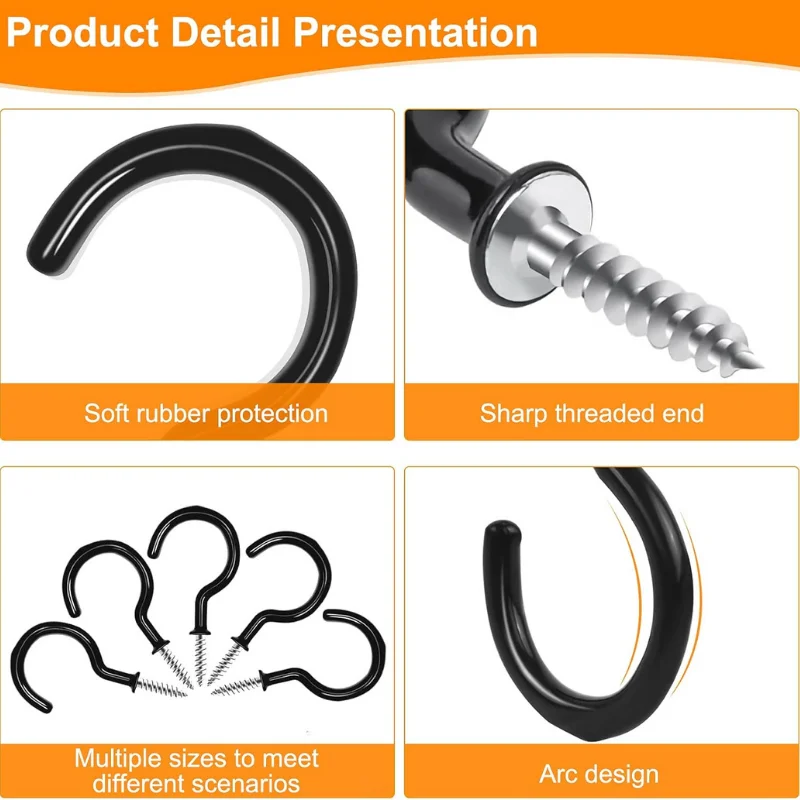 خطافات لولبية مطلية بالفينيل ، خطافات جدارية متعددة الوظائف للنباتات ، سلال ، مرآب ، في الداخل والخارج ، أسود ، 1-"، 10