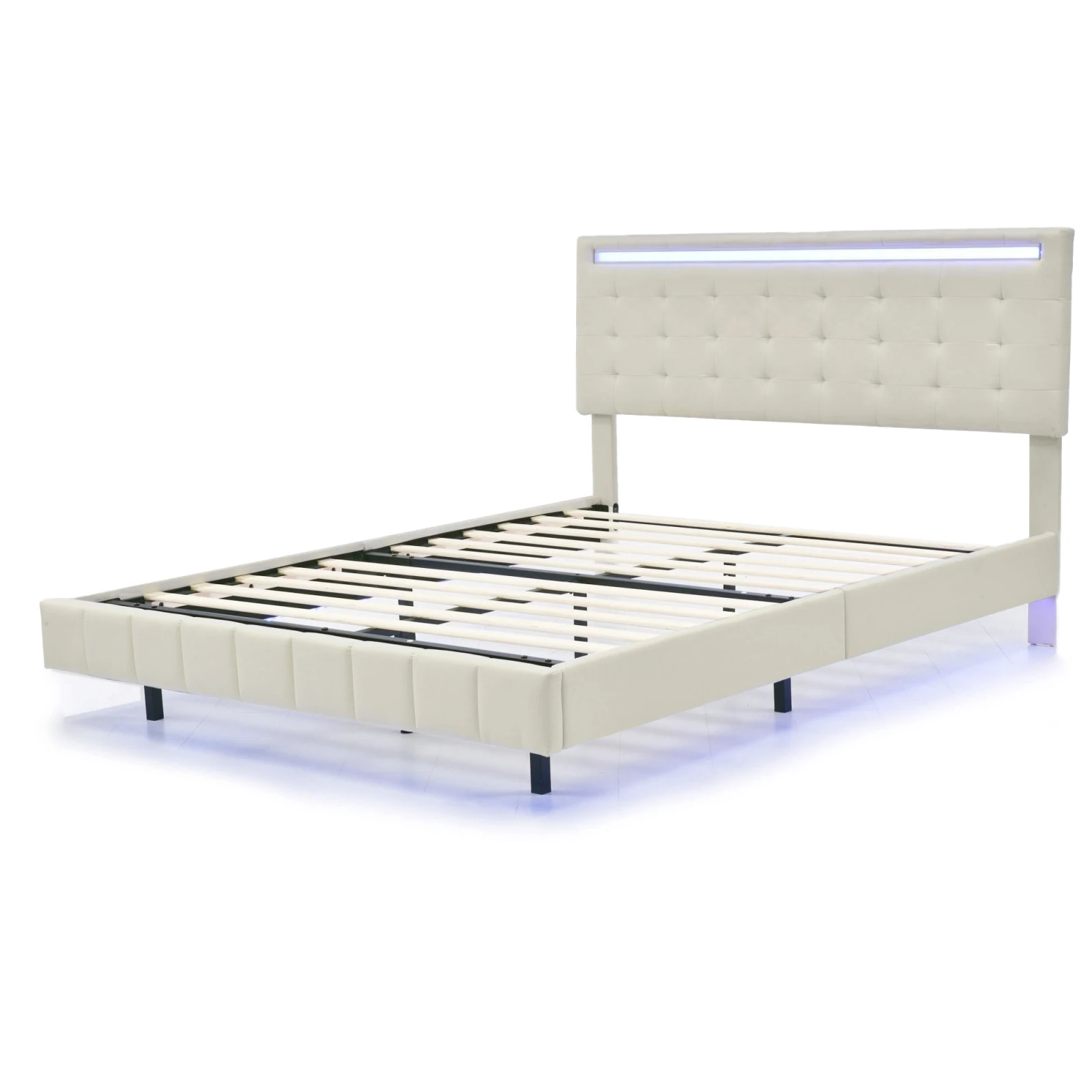 Superaly 140x200cm Polsterbett, Schwebendes Bettgestell mit LED-Beleuchtung & Lattenrost, Doppelbett, Gästebett, Leinen, Beige